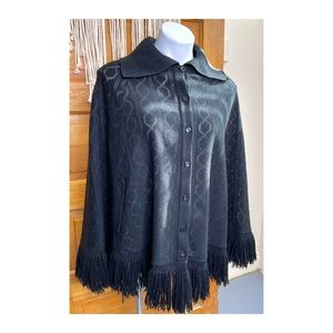 Vintage Black Knit Collared Button Down Oversized Pullover Poncho